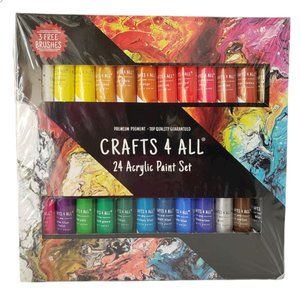 Crafts 4 All Acrylic Paint Set 24 Pack Multiple Surfaces Uses with 3 Brushes NEW